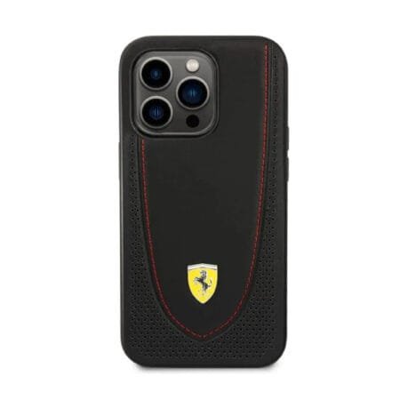 Ferrari Magsafe Compatibility Genuine Leather Hard Case with Curved Line Stitched iPhone 14 Pro Max Compatibility - Black