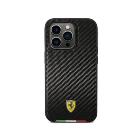 Ferrari Magsafe Compatibility Hard PU Smooth Case with Italian Flag Line & Metal Logo iPhone 14 Pro Max Compatibility - Black
