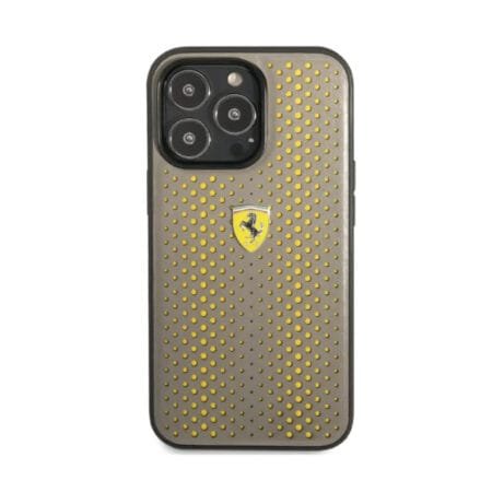 Ferrari PU Leather Perforated Case with Nylon Base & Yellow Shield Logo iPhone 14 Pro Max Compatibility - Yellow